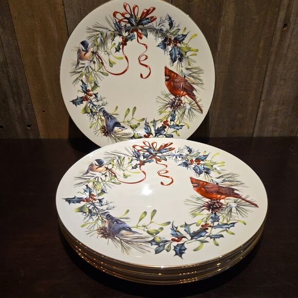 Set 5 Lenox Winter Greetings Cardinal + Ribbon 10.75" dinner Plates Gold Rim - Picture 1 of 11